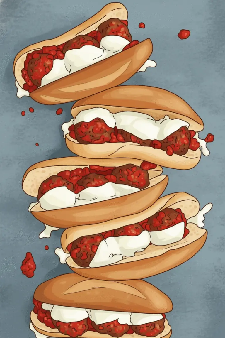 Meatball subs stacked on a baking tray.