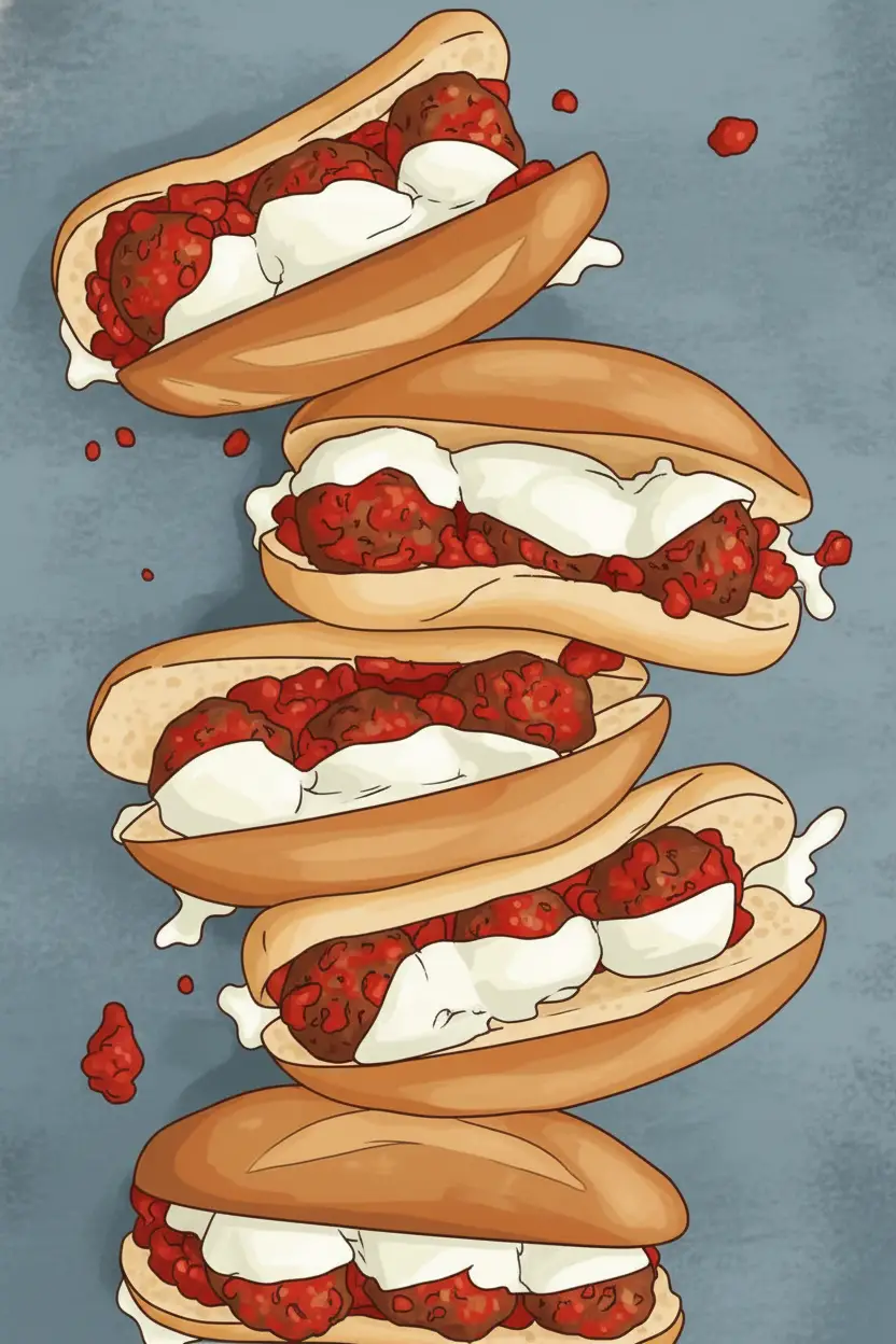 Meatball subs stacked on a baking tray.