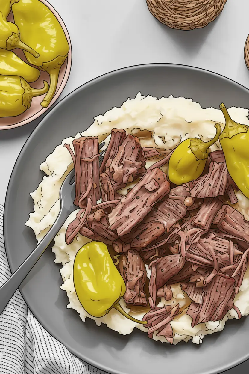 Juicy Mississippi Roast piled high over a mountain of steamy mashed potatoes, topped with tangy pepperoncini peppers.