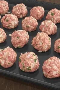 Uncooked meatballs lined up on a baking tray.