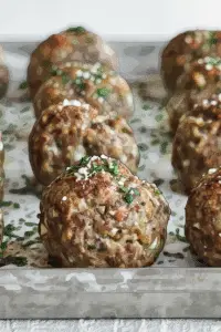 Deliciously roasted meatballs fresh our of the oven.