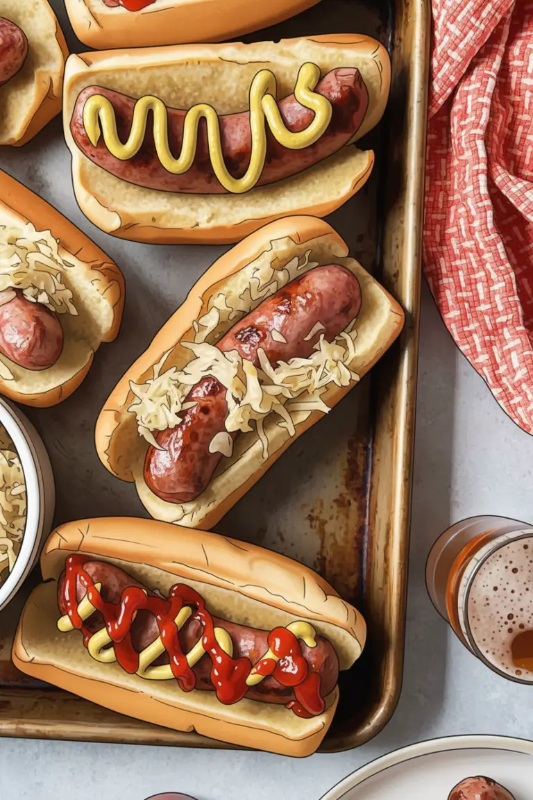 Brats lined on a baking tray covered in toppings