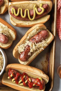 Brats lined on a baking tray covered in toppings