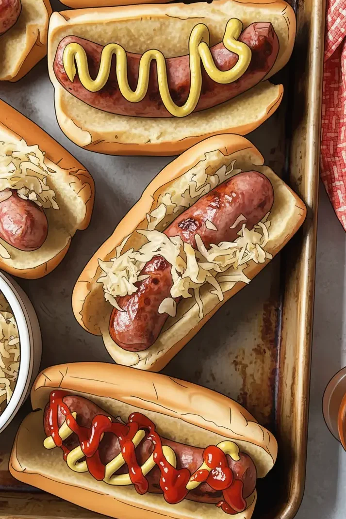 Brats lined on a baking tray covered in toppings