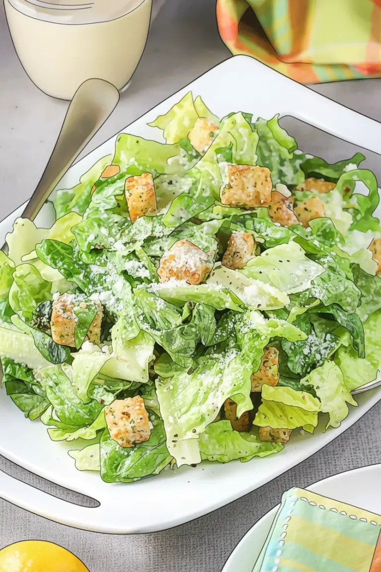 Caesar Salad covered with croutons and parmesan cheese.